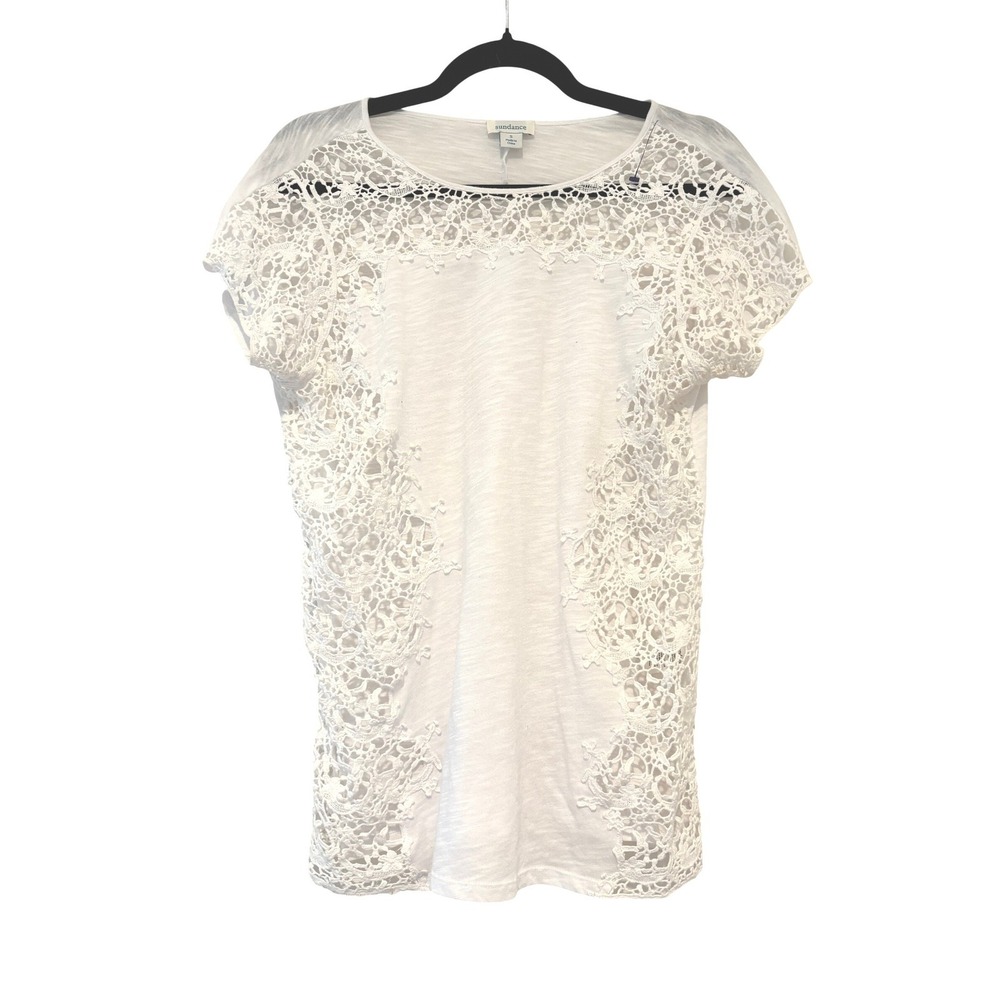 Sundance sz S white cotton blend lace short sleeve boho shirt JJ
